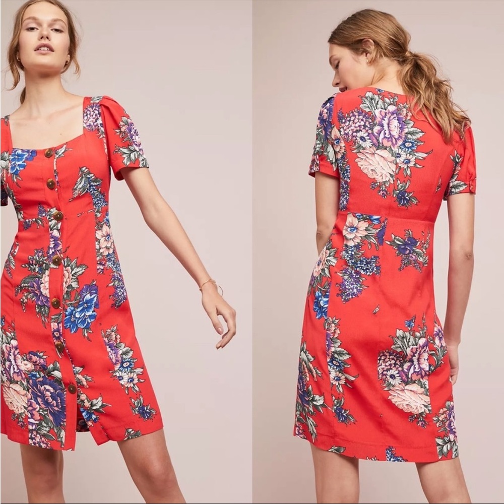 Anthropologie Maeve Caldwell Floral Button down Dress size 12 Red